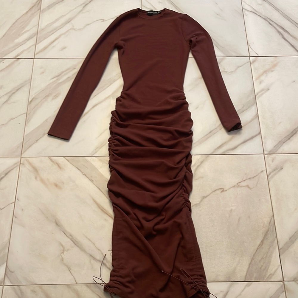 PLT long sleeve maxi ruched dress adjustable length